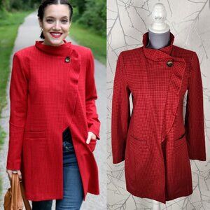 Cabi Red Houndstooth Print Stretch Ruffle Button Coat
